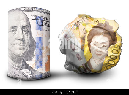 Zwei fiat money Bills nebeneinander stehen. Man flach und einem Zerbröselten Währung symbolisiert Stärke und Schwäche. Stockfoto