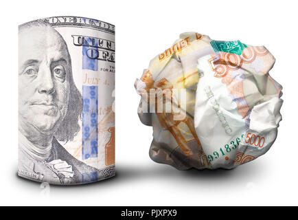 Zwei fiat money Bills nebeneinander stehen. Man flach und einem Zerbröselten Währung symbolisiert Stärke und Schwäche. Stockfoto