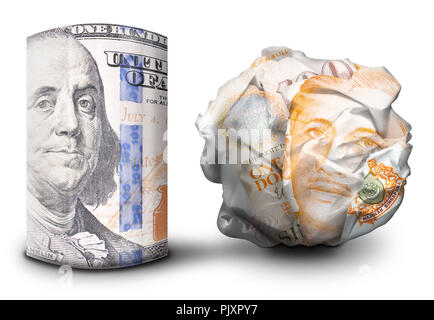 Zwei fiat money Bills nebeneinander stehen. Man flach und einem Zerbröselten Währung symbolisiert Stärke und Schwäche. Stockfoto