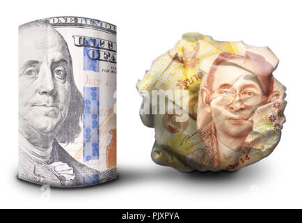 Zwei fiat money Bills nebeneinander stehen. Man flach und einem Zerbröselten Währung symbolisiert Stärke und Schwäche. Stockfoto