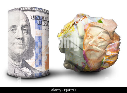 Zwei fiat money Bills nebeneinander stehen. Man flach und einem Zerbröselten Währung symbolisiert Stärke und Schwäche. Stockfoto