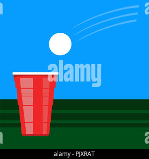 Bier pong Turnier. Rote Schale aus Kunststoff und weißen Tennis Ball am grünen Tisch. Lustiges Spiel für Partei Stockfoto