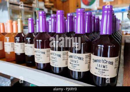 Bunte Flaschen Muscadine Apfelwein auf einem Regal im Sweet Creek Farm Markt, Markt der lokalen ländlichen Bauern in Hecht Straße Alabama, USA. Stockfoto