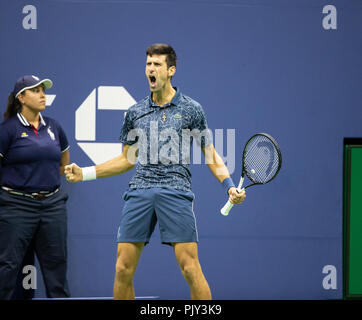 New York, NY. 9 Sep, 2018. Novak Djokovic aus Serbien reagiert während der Herren Einzel Finale der US Open 2018 Juan Martin Del Potro aus Argentinien an USTA Billie Jean King National Tennis Center Credit: Lev Radin/Pacific Press/Alamy leben Nachrichten Stockfoto