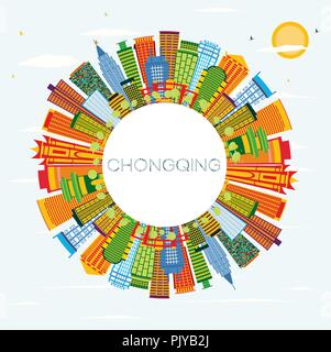 Chongqing China City Skyline mit Farbe Gebäude, blauer Himmel und Kopieren. Vector Illustration. Stock Vektor