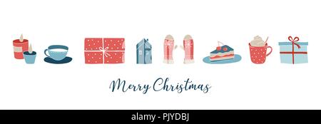 Im skandinavischen Stil, einfache und stilvolle Frohe Weihnachten Grußkarten mit Hand gezeichnete Elemente, Zitate, Beschriftung Stock Vektor