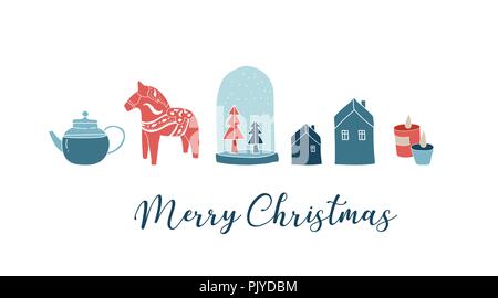 Im skandinavischen Stil, einfache und stilvolle Frohe Weihnachten Grußkarten mit Hand gezeichnete Elemente, Zitate, Beschriftung Stock Vektor