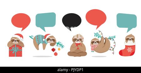 Cute Faultiere, lustige Weihnachten Illustrationen mit Santa Claus Kostüme, Hut und Schals, Grußkarten, Banner Stock Vektor