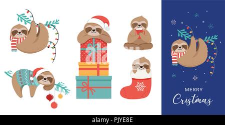 Cute Faultiere, lustige Weihnachten Illustrationen mit Santa Claus Kostüme, Hut und Schals, Grußkarten, Banner Stock Vektor
