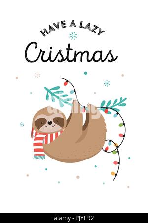 Cute Faultiere, lustige Weihnachten Illustrationen mit Santa Claus Kostüme, Hut und Schals, Grußkarten, Banner Stock Vektor