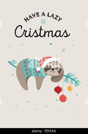 Cute Faultiere, lustige Weihnachten Illustrationen mit Santa Claus Kostüme, Hut und Schals, Grußkarten, Banner Stock Vektor