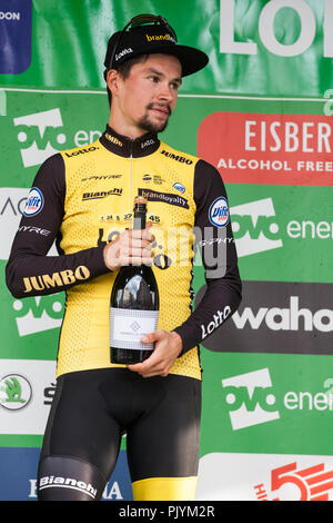 London, Großbritannien. 9. September 2018. Ehemalige OVO Energie Grüne Trikot leader Primoz Roglic von Team Lotto NL - Jumbo den dritten Platz in der Gesamtwertung der OVO Energy Tour 2018 von Großbritannien nach 77 km London Stadium (Stadium 8). Credit: Mark Kerrison/Alamy leben Nachrichten Stockfoto