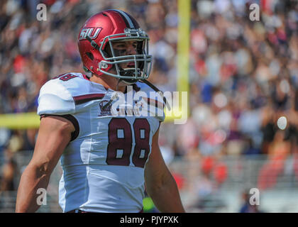 Oxford, MS, USA. 08 Sep, 2018. SIU DE Travis Pickert (88), während der NCAA DI Spiel an - Vaught Hemingway Stadium in Oxford, MS. Ole Fräulein besiegt SIU, 76-41. Kevin Langley/CSM/Alamy leben Nachrichten Stockfoto