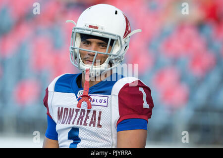 31. August 2018: Montreal Alouettes Defensive zurück Branden Dozier (1) vor der CFL-Spiel zwischen Montreal Alouettes und Ottawa Redblacks bei TD Place Stadium, in Ottawa, Kanada. Daniel Lea/CSM. Stockfoto