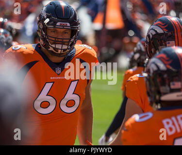 Denver, USA. September 09, 2018: Denver Broncos beleidigender Gerät Jared Veldheer (66) im ersten Quartal eine NFL matchup zwischen die Seattle Seahawks und die Denver Broncos Broncos am Stadion an der Meile hoch Denver CO, Scott D Stivason/Cal Sport Media Credit: Cal Sport Media/Alamy leben Nachrichten Stockfoto