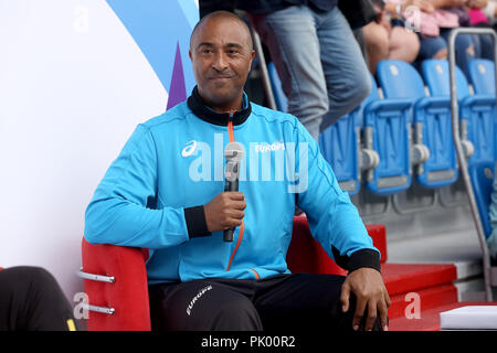 Ostrava, Tschechische Republik. 9 Sep, 2018. Colin Jackson, Kapitän von Team Europe, wird während der iaaf Continental Cup 2018 in Ostrava in Ostrava, Tschechische Republik, am Sonntag, 9. September 2018 gesehen. Credit: Petr Sznapka/CTK Photo/Alamy leben Nachrichten Stockfoto