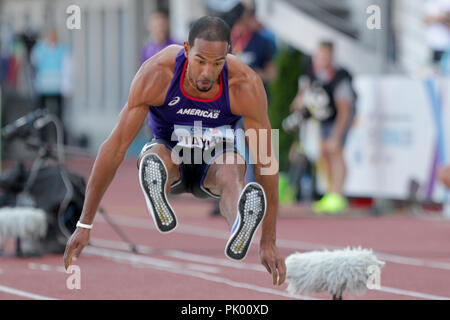 Ostrava, Tschechische Republik. 9 Sep, 2018. Triple jumper Christian Taylor (Team Amerika; USA) konkurriert während der iaaf Continental Cup 2018 in Ostrava in Ostrava, Tschechische Republik, am Sonntag, 9. September 2018. Credit: Petr Sznapka/CTK Photo/Alamy leben Nachrichten Stockfoto