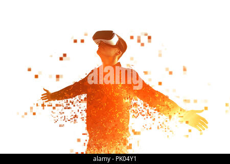 Eine Person in der virtuellen Realität Gläser fliegt in Pixel. Das Konzept der neuen Technologien und Technologien der Zukunft. VR-Brille. Stockfoto