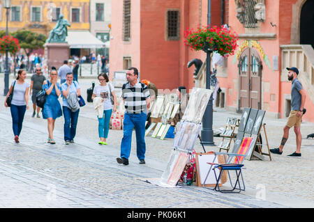 Verkauf von Kunst am Alten Markt, Hauptplatz, Wroclaw, Polen August 2018 Stockfoto