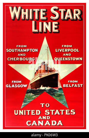 WHITE STAR LINE Vintage Poster 1900 Original Vintage Reise-Werbeplakat für White Star Line von Southampton und Cherbourg von Liverpool und Queenstown von Glasgow aus Belfast in die Vereinigten Staaten und Kanada. Illustration eines OZEANSCHIFFES DER TITANIC-KLASSE 1900 mit vier Trichtern Original-Vintage-Reisewerbeplakat für die White Star Line in der Form eines Sterns, der von der Liverpool Printing & Stationery Company UK 1900 gedruckt wurde, Stockfoto