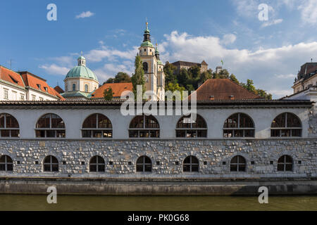 Zentrale Markt in Ljubljana, entworfen von slowenischen Architekten Jože Plecnik. Dom St. Nikolaus und die Burg von Ljubljana im Hintergrund Stockfoto