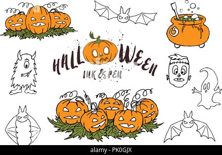 Halloween Party Vector Icons einstellen. Trick oder erschreckende Grafik behandeln. Halloween Party Feier. Kürbis Design. Stock Vektor