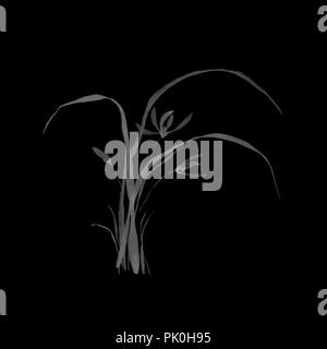 Elegante japanische Zen Art Floral Design, künstlerische Darstellung der grauen Blumen und Blätter eines wilden Orchidee auf schwarzem Hintergrund Stockfoto