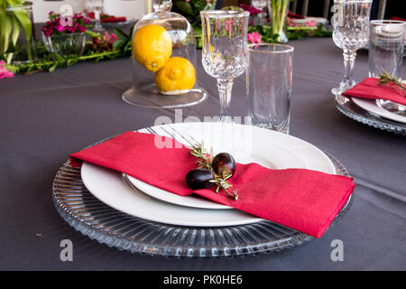 Ein Mittagstisch mit unter Teller Set, schöne graue und weiße Platten, rot Serviette, kleine dekorative tree branch, zwei Trauben mit Blumen und Obst Dekor. Stockfoto