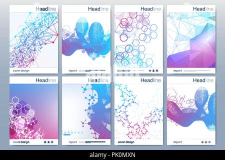 Business Templates Broschüre, Zeitschrift, Broschüre, Flyer, Cover, Booklet, Jahresbericht. Wissenschaftliches Konzept für Medizin, Chemie hexagonale Struktur DNA-Molekül atom Neuronen Stock Vektor