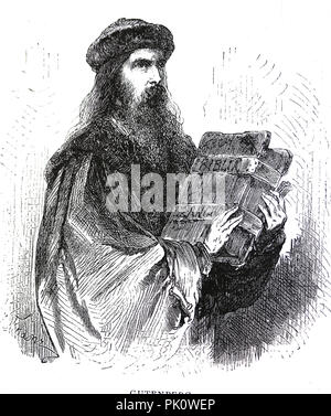 Johannes Gutenberg (1400-1468). Erfinder des Movable-type Druckerei. Gravieren von Germania, 1882. Stockfoto