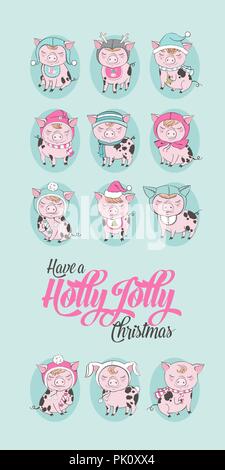Satz von Nettes Schwein Zeichentrickfiguren. Chinesische Symbol für das Jahr 2019. Frohes neues Jahr. Nette lustige Schweinchen Abbildung. Stock Vektor