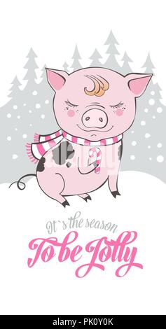 Satz von Nettes Schwein Zeichentrickfiguren. Chinesische Symbol für das Jahr 2019. Frohes neues Jahr. Nette lustige Schweinchen Abbildung. Stock Vektor