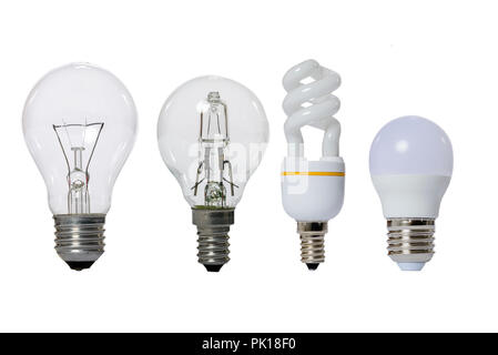 Gruppe von Lampen auf einem weißen Hintergrund: Led, Leuchtstofflampen, Glühlampen, Halogen mit undurchsichtigem Glas Lampe und E27 Fassung. Stockfoto
