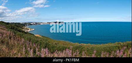 Die ikonischen Landspitze und Schloss in Scarborough ist eine spektakuläre Kulisse für diesen Abschnitt des Cleveland Way. Stockfoto