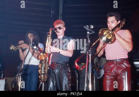 Brian Travers (Mitte) und Duncan Campbell' von 'UB 40', britische Reggae- und Popband, bei einem Konzert in Augsburg, Deutschland 1983. Brian Travers (Mitte) und Duncan Campbell von Britische multinationale Reggae und Pop Band "UB40" in Augsburg, Deutschland 1983 live. | Verwendung weltweit Stockfoto