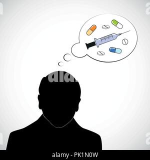 Alter Mann silhouette Denken über Medizin Tabletten und Vector Illustration EPS 10 Injizieren Stock Vektor