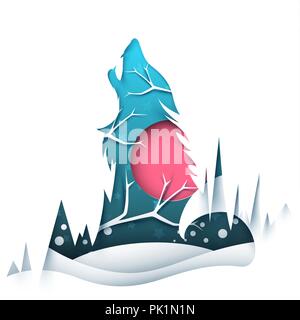 Cartoon Papier Landschaft. Wolf Abbildung. Stock Vektor
