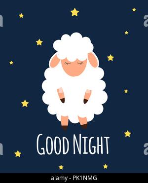 Süße kleine Schafe auf den Nachthimmel. Gute Nacht. Vector Illustration. Stock Vektor