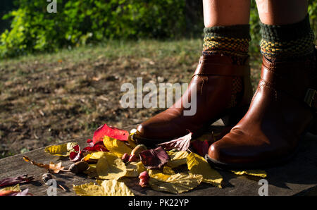 Beine in Leder Stiefel auf der Blätter im Herbst. Füße Schuhe Wandern in der Natur Stockfoto
