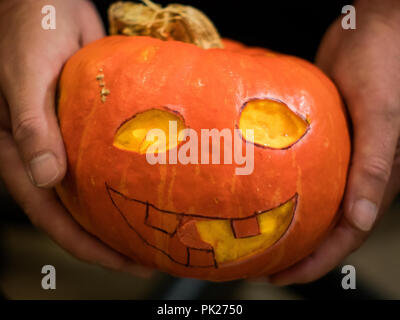 Eine Halloween Kürbis in ihren Händen halten Stockfoto