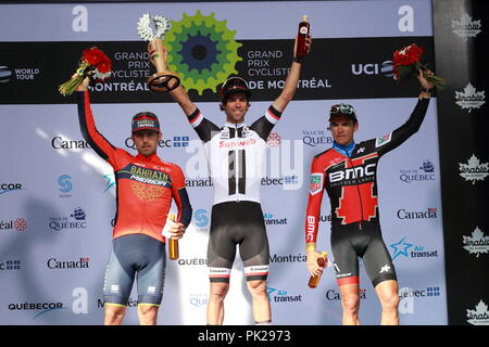 Montreal, Kanada, 9/9/2018. Michael Matthews von sunweb Team, Sonny Colbrelli der TBM Bahrain andGreg Van Avermaet von BMC Racing auf dem Podium der Gra Stockfoto