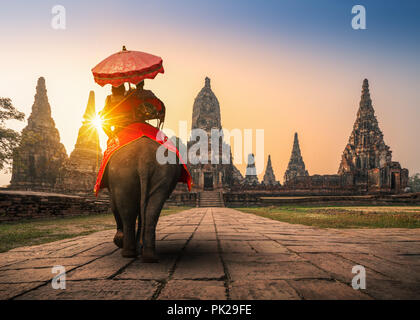 Touristen mit einem Elefanten im Wat Watthanaram Tempel in Ayutthaya Historical Park, einem UNESCO-Weltkulturerbe in Thailand Stockfoto