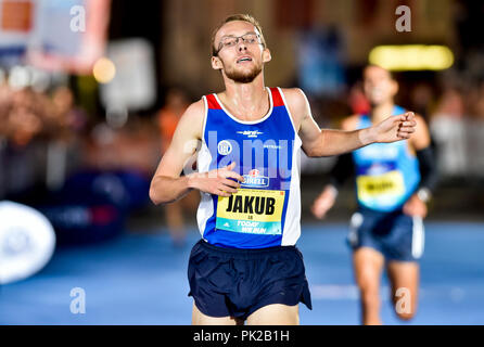 Prag, Tschechische Republik. 08 Sep, 2018. Jakub Zemanik (Tschechisch) Ende während der Birell Grand Prix Prag 2018, Straße Rennen, in Prag, Tschechische Republik, am 8. September 2018. Quelle: Vit Simanek/CTK Photo/Alamy leben Nachrichten Stockfoto