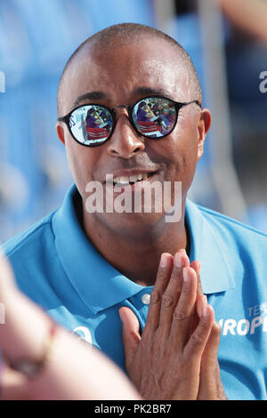 Ostrava, Tschechische Republik. 9 Sep, 2018. Colin Jackson, Kapitän von Team Europe, wird während der iaaf Continental Cup 2018 in Ostrava in Ostrava, Tschechische Republik, am Sonntag, 9. September 2018 gesehen. Credit: Petr Sznapka/CTK Photo/Alamy leben Nachrichten Stockfoto