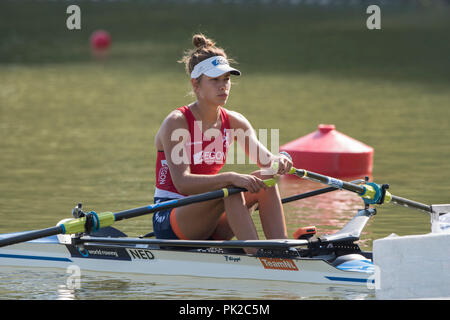 Plovdiv, Bulgarien, Sonntag, 9. September 2018. FISA World Rowing Championships, NED LW 1X, Martine VELDHUIS, am Anfang für ihre Wärme in der leichten Frauen Single Sculls, Kredit: Peter SPURRIER/Alamy leben Nachrichten Stockfoto