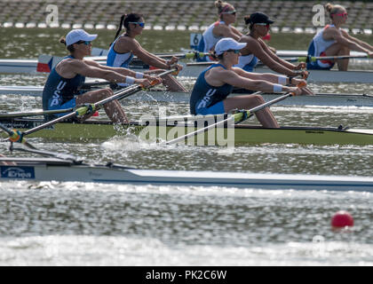 Plovdiv, Bulgarien, Montag, 10. September 2018. FISA World Rowing Championships, USA W2X, Bug, Meghan O'Leary und Ellen TOMEK, Start, Women's Double sculls, Kredit: Peter SPURRIER/Alamy leben Nachrichten Stockfoto