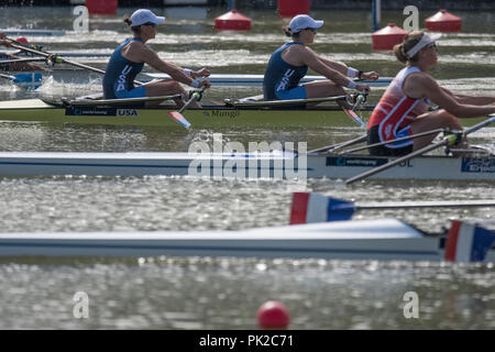 Plovdiv, Bulgarien, Montag, 10. September 2018. FISA World Rowing Championships, USA W2X, Bug, Meghan O'Leary und Ellen TOMEK, Start, Women's Double sculls, Kredit: Peter SPURRIER/Alamy leben Nachrichten Stockfoto