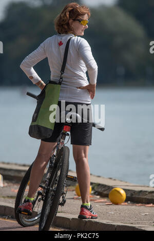 Plovdiv, Bulgarien, Montag, 10. September 2018. FISA World Rowing Championships, Lesley THOMPSON WILLIE, Kanadische Assistant Coach, zu Beginn, Credit: Peter SPURRIER/Alamy leben Nachrichten Stockfoto