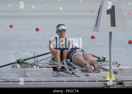 Plovdiv, Bulgarien, Montag, 10. September 2018. FISA World Rowing Championships, USA W1X, Kara KOHLER, bewegt sich von Beginn an und konkurriert in Women's Single Sculls, Kredit: Peter SPURRIER/Alamy leben Nachrichten Stockfoto