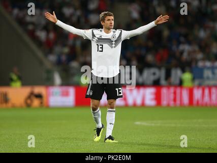 Sinsheim, Deutschland. 09 Sep, 2018. firo: 09.09.2018 Fußball, Fußball, Nationalmannschaft, Deutschland, Freundschaftsspiel, GER, Deutschland - Peru 2:1 Thomas Müller, GER, Geste | Quelle: dpa/Alamy leben Nachrichten Stockfoto